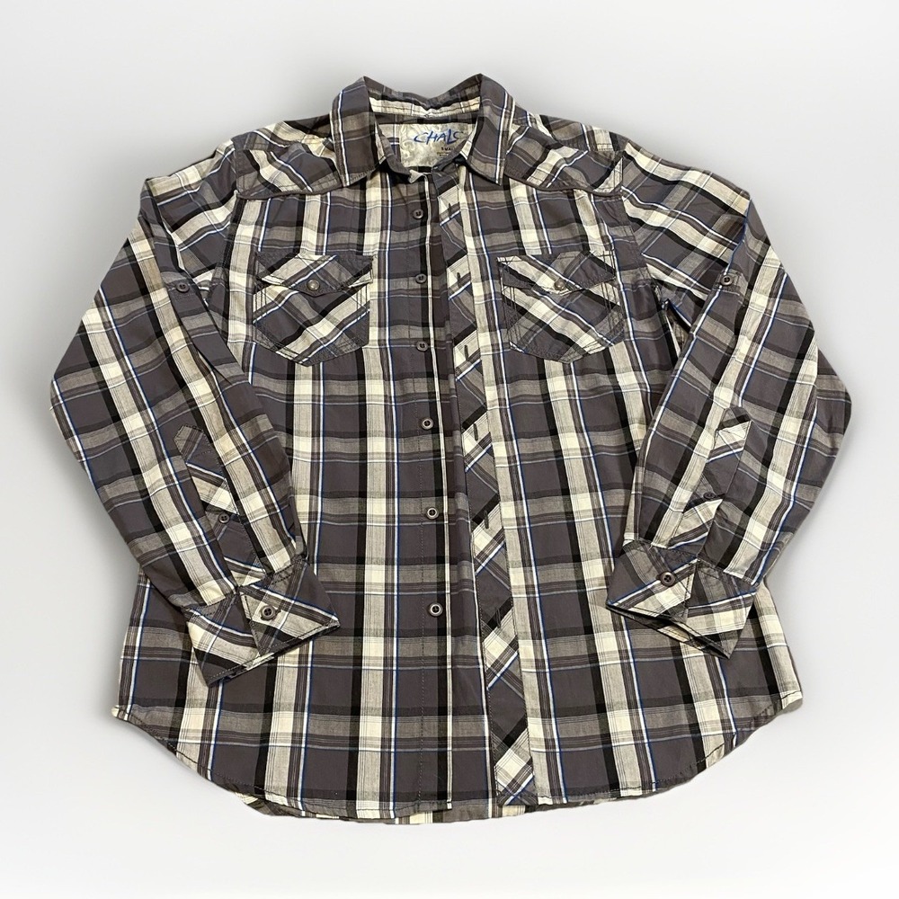 CHALC‎ Men's Long Sleeve Button-down Shirt Small Gray Black Blue Plaid Western